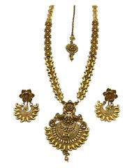 Gold Finish Temple - Large Size Antique Gold Finish Long Necklace Set with Earrings - AE2511 KR 0525