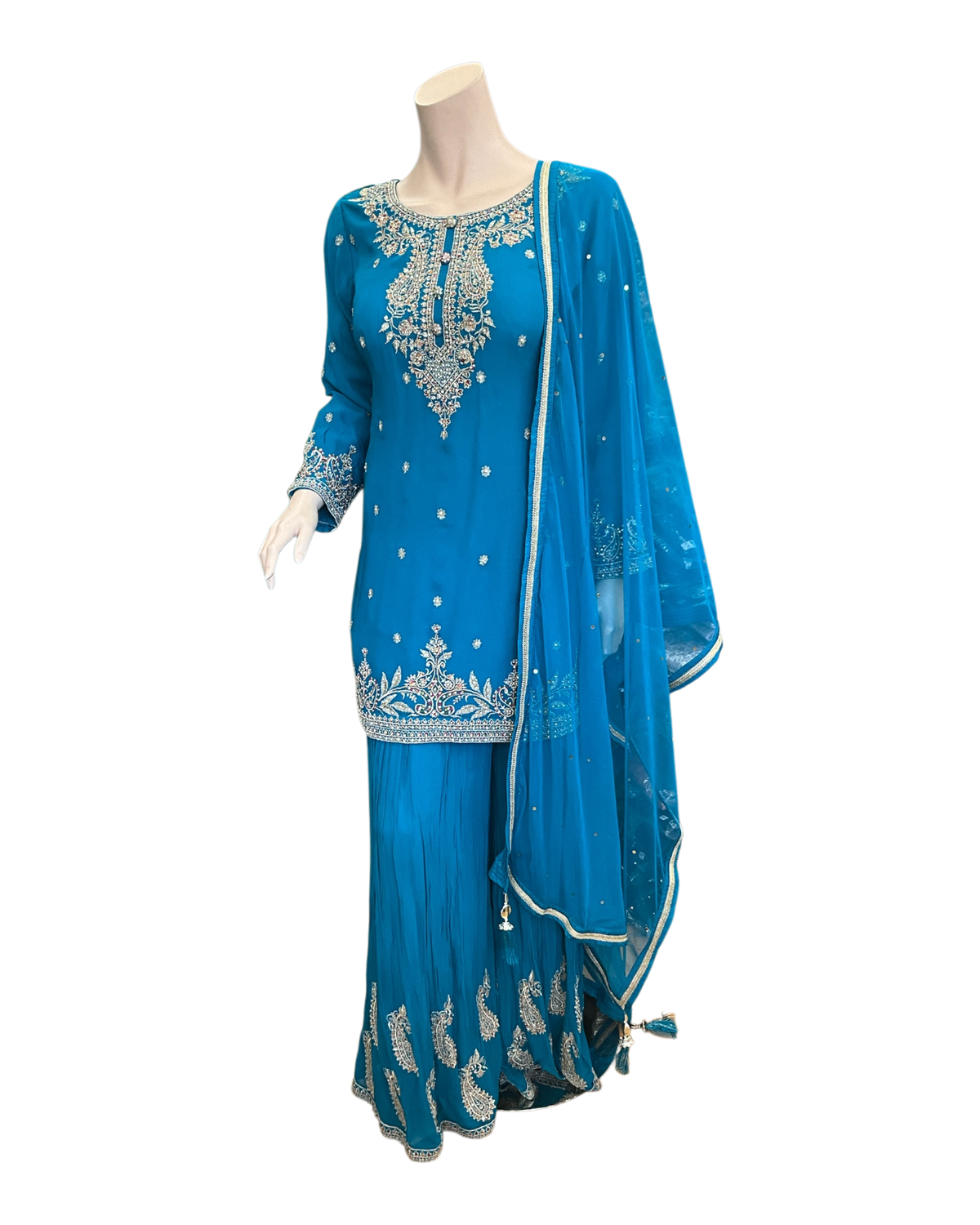 UK 12 / 38" - Turquoise Blue - Designer Ladies Sharara / Palazzo Trousers Suit - UK Stock - Sangeet / Henna / Weddings - SC1639 09RP25