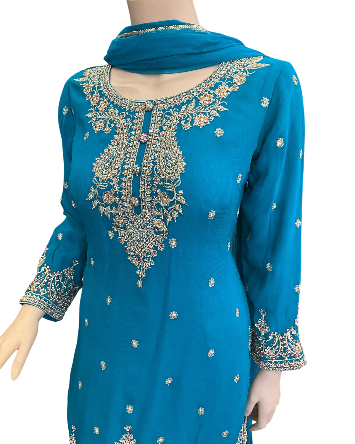 UK 12 / 38" - Turquoise Blue - Designer Ladies Sharara / Palazzo Trousers Suit - UK Stock - Sangeet / Henna / Weddings - SC1639 09RP25