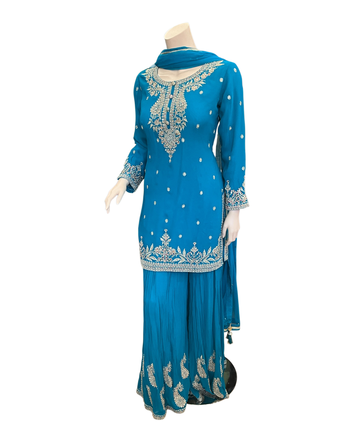 UK 12 / 38" - Turquoise Blue - Designer Ladies Sharara / Palazzo Trousers Suit - UK Stock - Sangeet / Henna / Weddings - SC1639 09RP25