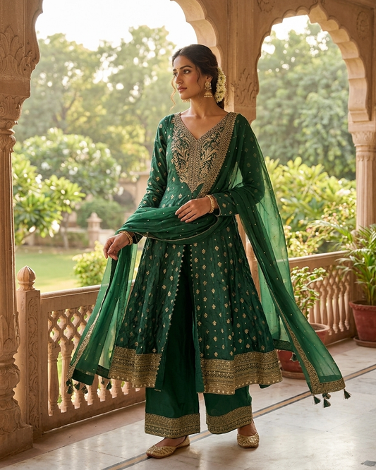 UK 10 / 36" - Forest Green - Designer Ladies Sharara / Palazzo / Anarkali Trousers Suit - UK Stock - Sangeet / Henna / Weddings - VMK Aradhya 04AY26