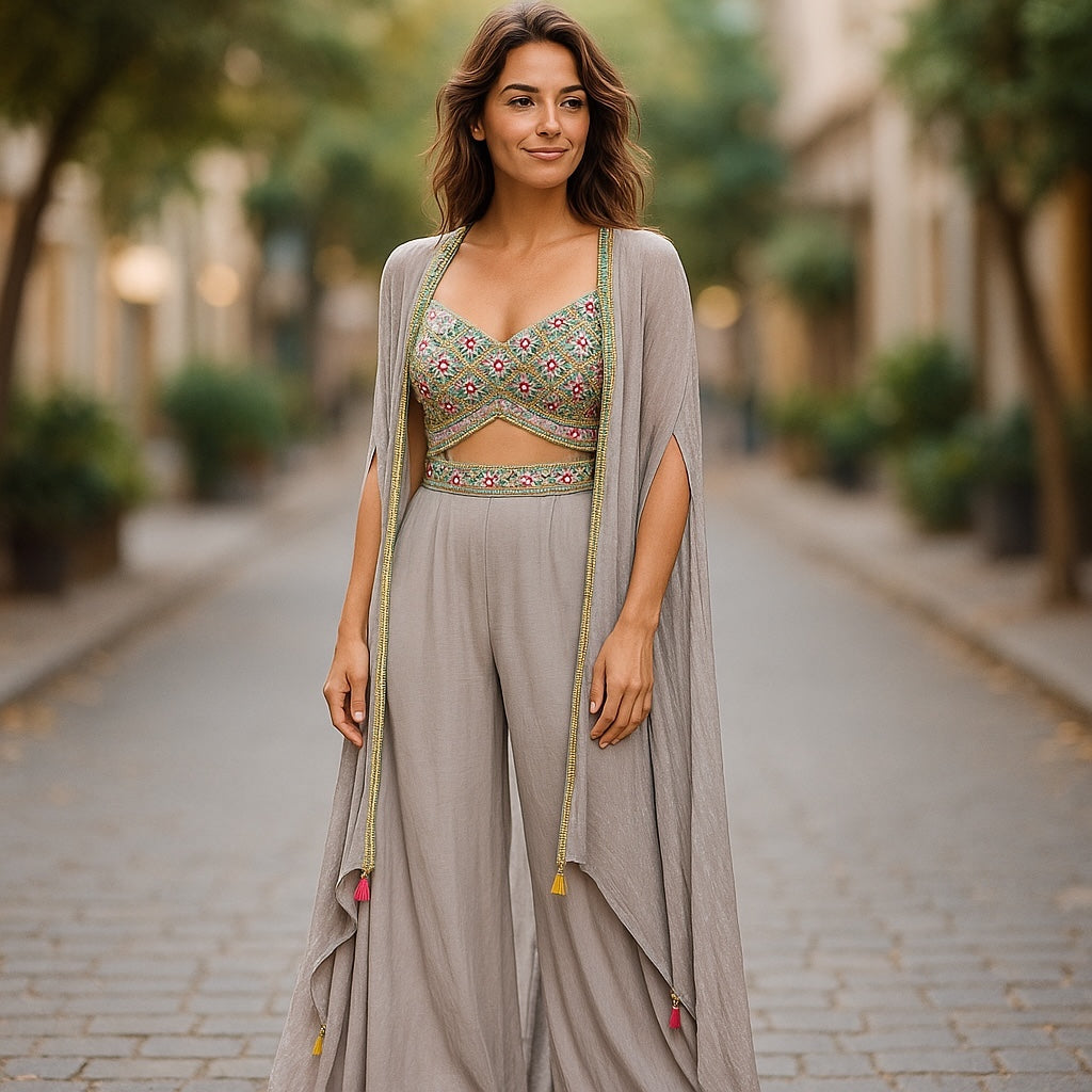 Dusty Pink - Designer Ladies Short Top Palazzo Trousers Suit with Long Shrug - Size 12 (38") - VMK BAJAJ AT