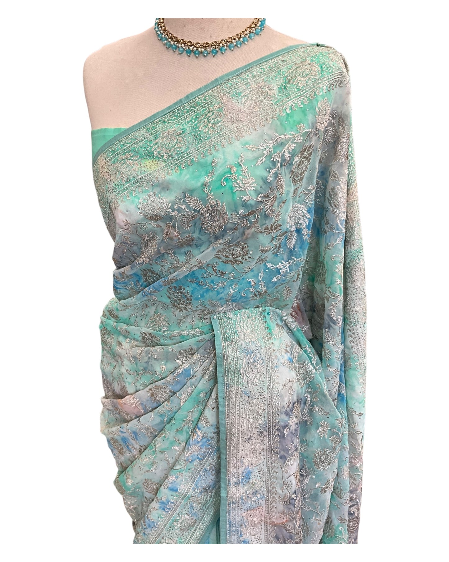 Light Turquoise Blue - Fancy Embroidered Saree with Blouse Piece - UK stock - 24hr Dispatch - SP250619 VC