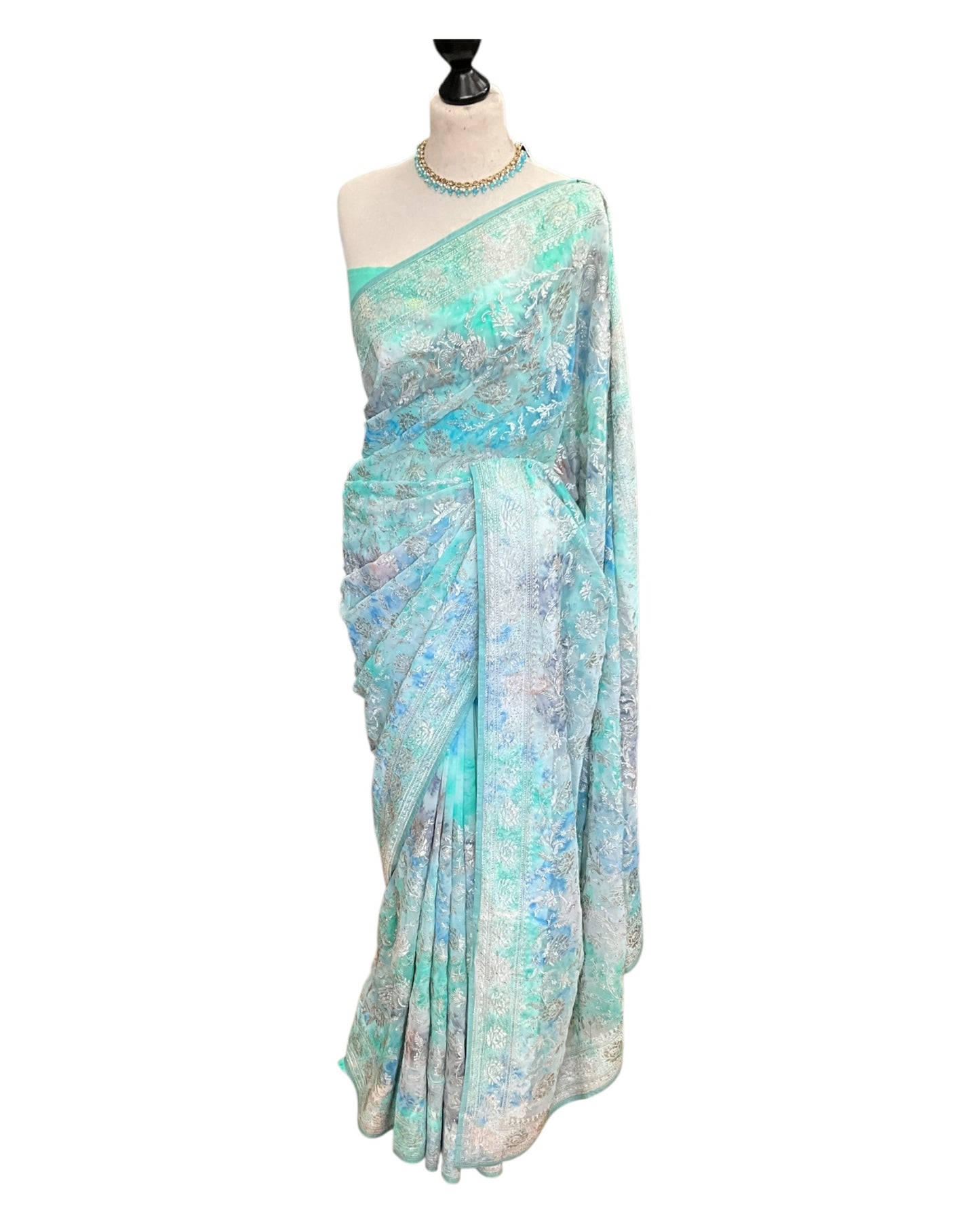 Light Turquoise Blue - Fancy Embroidered Saree with Blouse Piece - UK stock - 24hr Dispatch - SP250619 VC