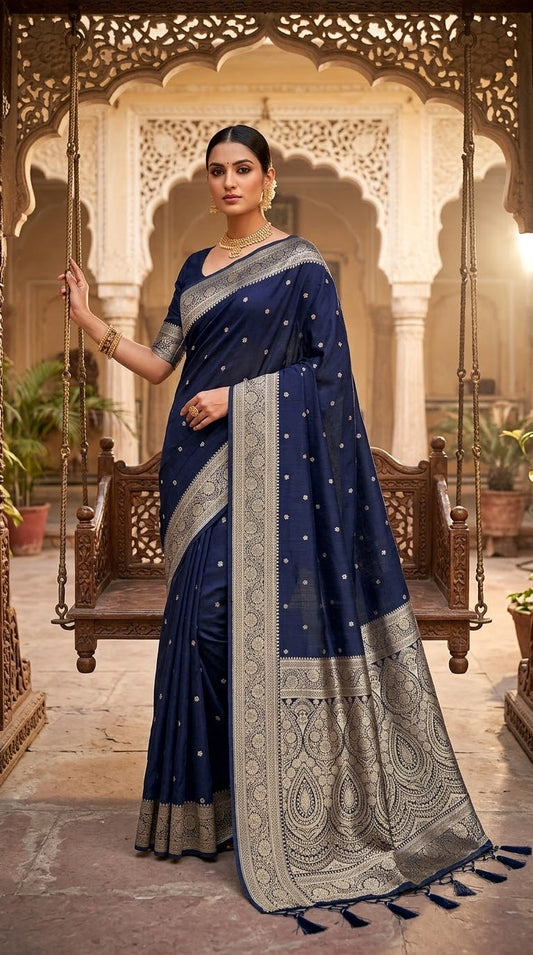 Navy Blue - Traditional Handloom Saree with Blouse Piece - UK stock - 24hr Dispatch - SP2630 KP