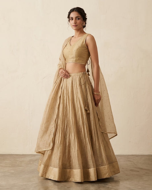 Dark Gold - Crushed Tissue Lehenga Set - Mehndi / Sangeet / Bridesmaids / Weddings / Garba  - Size UK 12 (38" Bust) Adjustable to Size 14 - UK Stock - 24h Dispatch - AF2604 02VA26