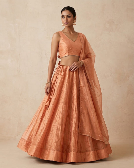 Coral - Crushed Tissue Lehenga Set - Mehndi / Sangeet / Bridesmaids / Weddings / Garba  - Size UK 12 (38" Bust) Adjustable to Size 14 - UK Stock - 24h Dispatch - AF2604 02VA26