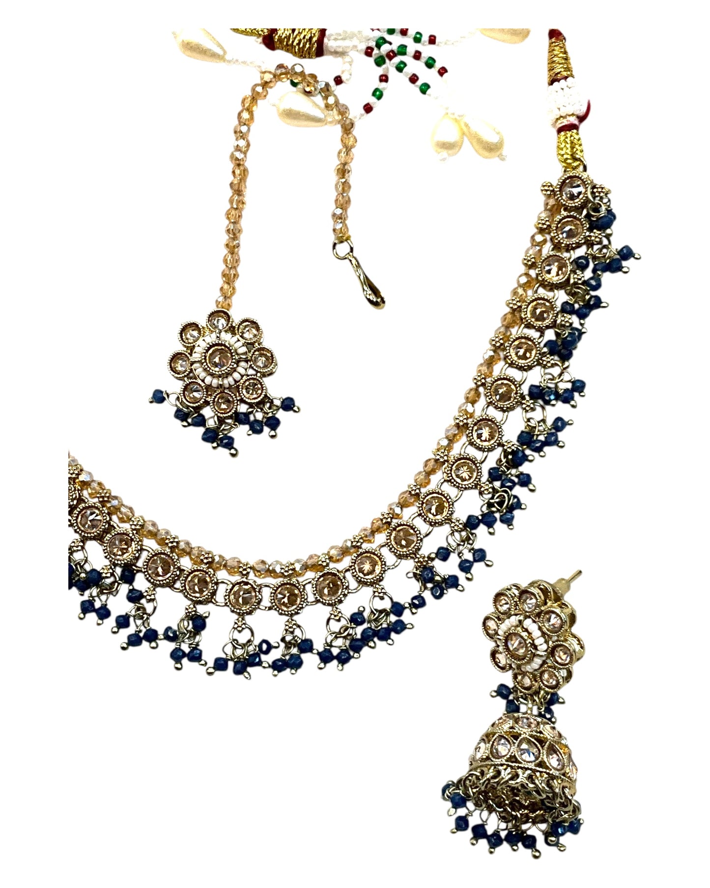 Navy Blue - Medium Size Antique Gold Finish Necklace Set with Earrings & Head Piece - RAK417 08R25