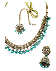 Light Blue - Medium Size Antique Gold Finish Necklace Set with Earrings & Head Piece - RAK417 08R25
