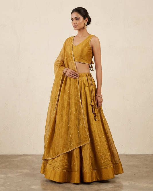 Antique Gold - Crushed Tissue Lehenga Set - Mehndi / Sangeet / Bridesmaids / Weddings / Garba  - Size UK 12 (38" Bust) Adjustable to Size 14 - UK Stock - 24h Dispatch - AF2604 02VA26