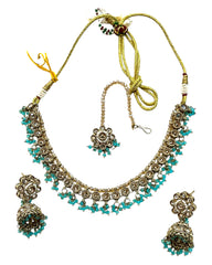 Light Blue - Medium Size Antique Gold Finish Necklace Set with Earrings & Head Piece - RAK417 08R25