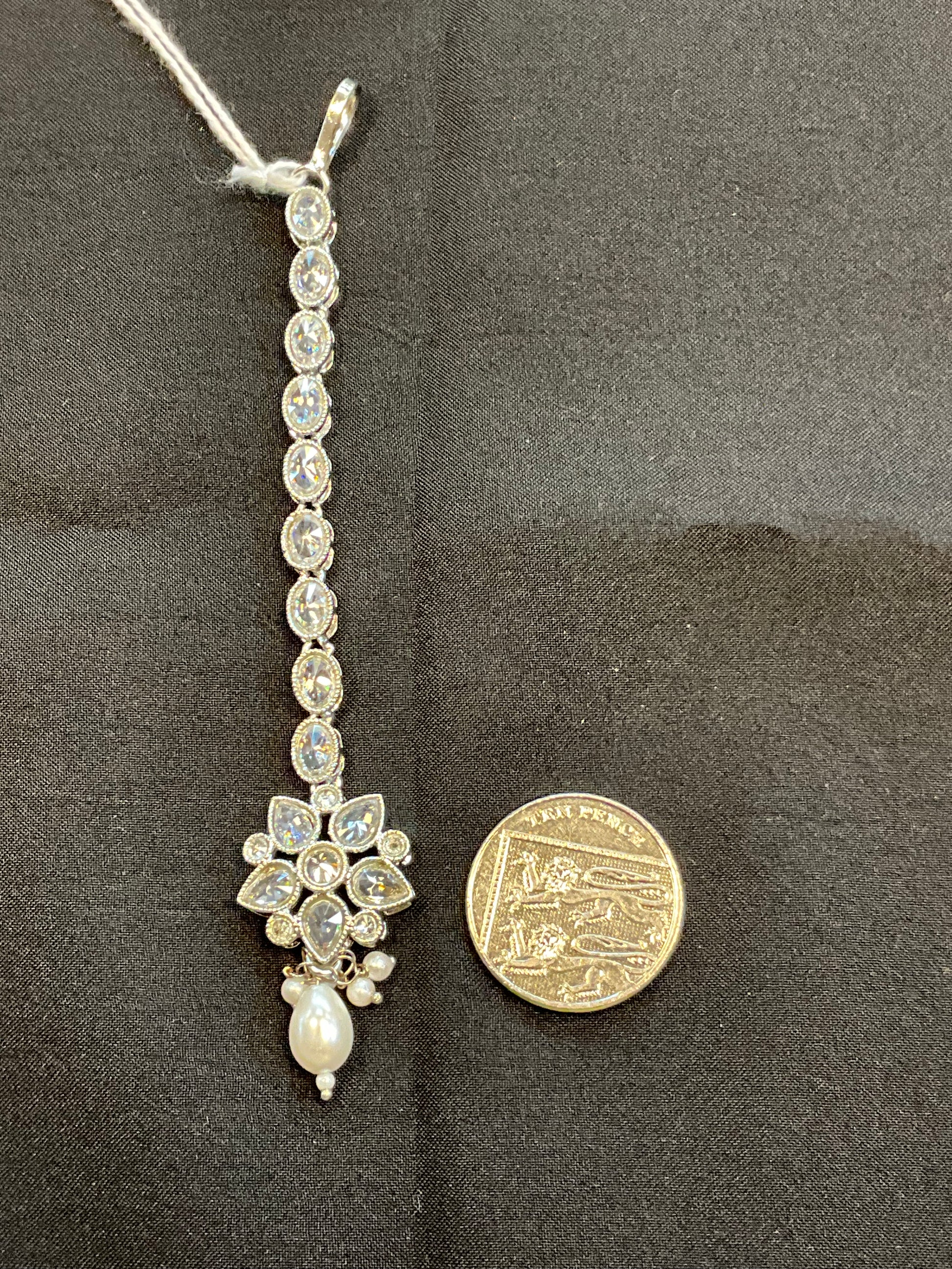 Clear / White - Silver Finish Small Size Tika Head Piece - Indian Ladies Fashion Jewellery - AE2434 11Vp24 - Prachy Creations