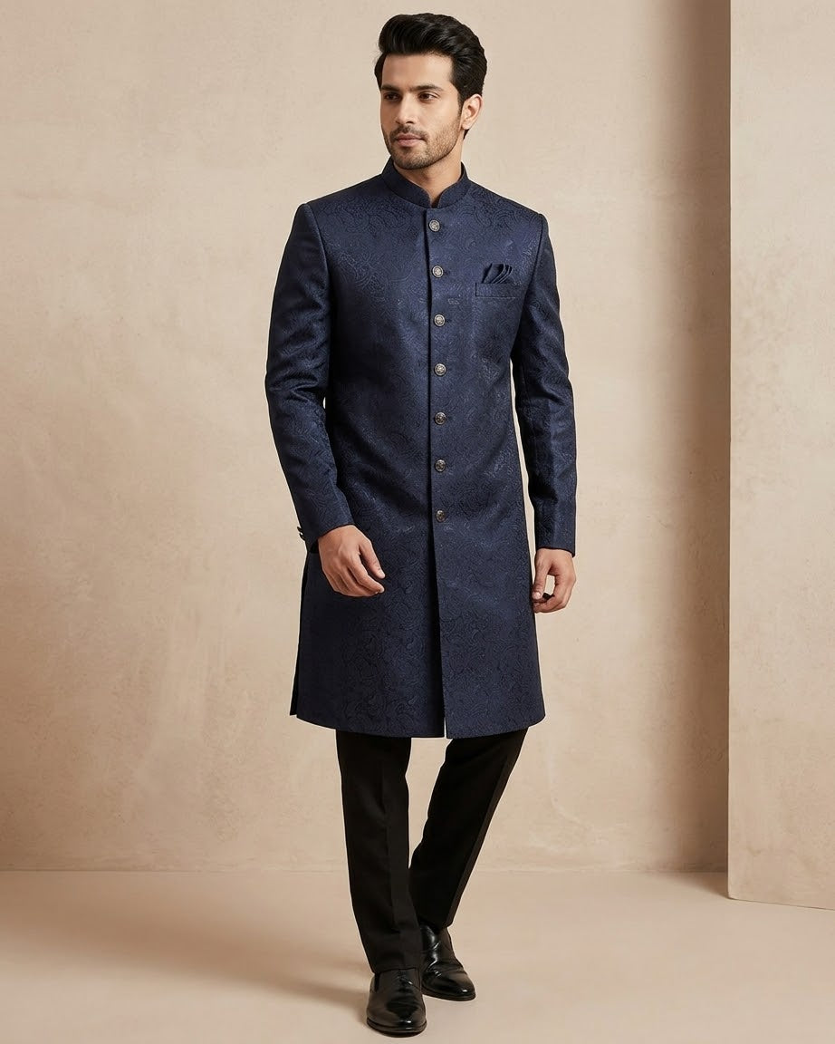 Royal Navy Blue - Classic Banarasi Handloom Brocade Sherwani with quality Buttons -  BS788 08JC25