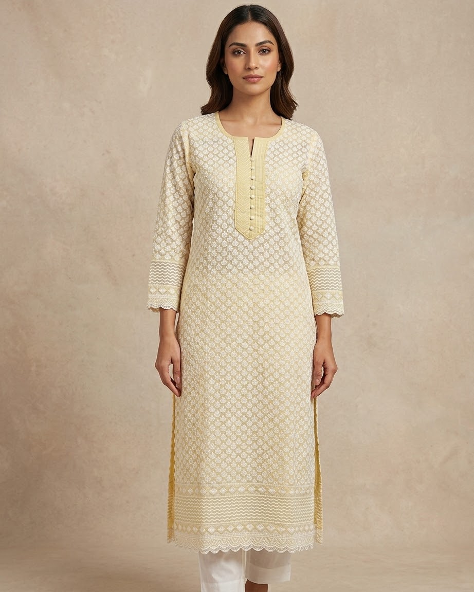 XS to XXXL - Pastel Yellow - Lucknowi Cotton Ladies Kameez Top only - Funeral  / Church / Casual - ARV2176 H
