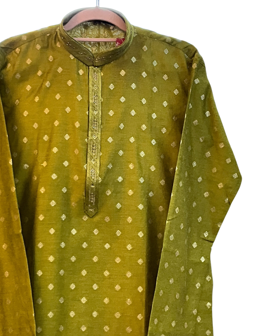 Henna Mehndi Green - Banarasi Handloom Brocade Mens Indian Kurta set with Trousers - UK Stock - Weddings / Walimas , Sangeet, Diwali, Eid, Mehndi / Henna - VEE3017 VK