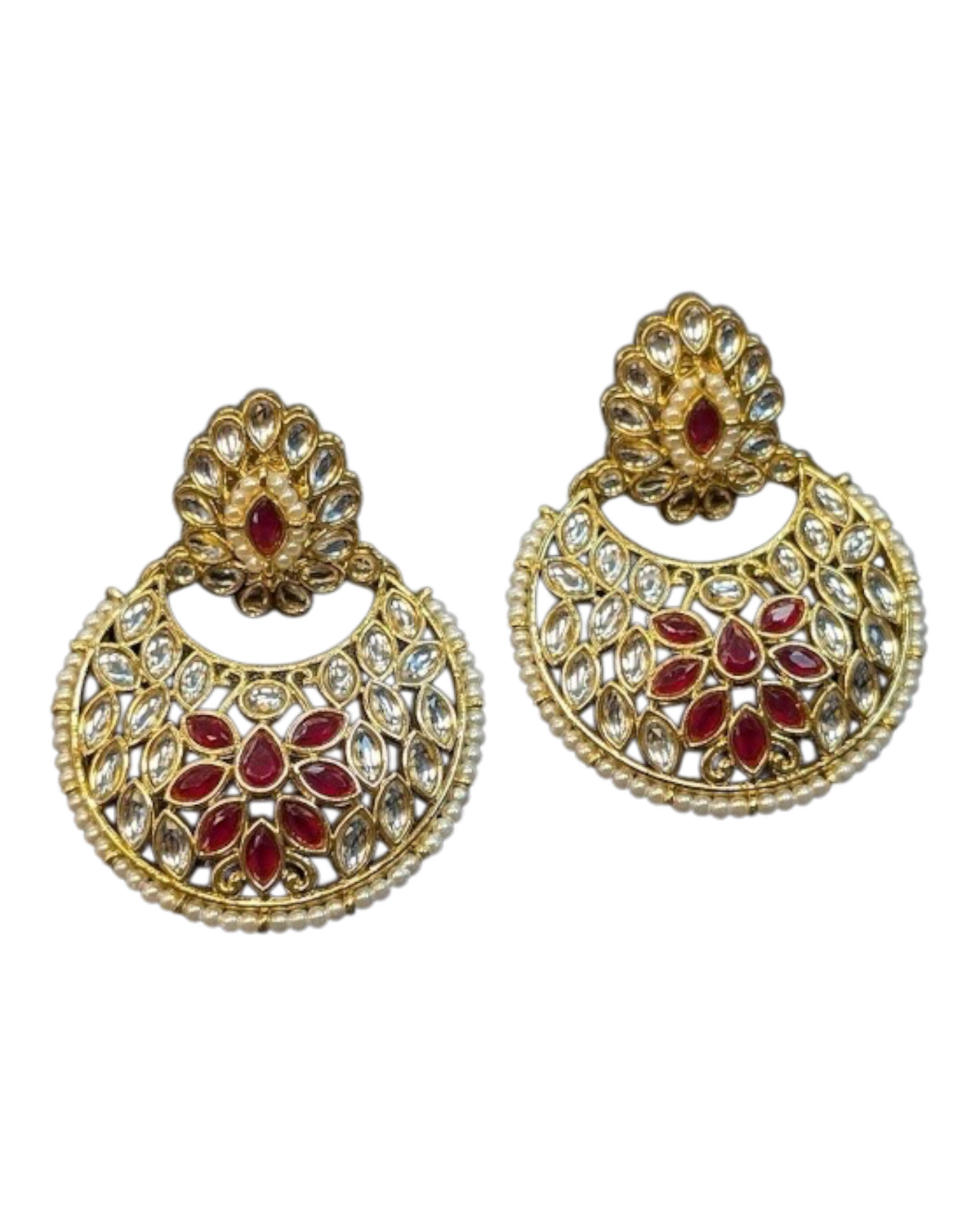 Ruby & Kundan Floral Crescent Chandbali Earrings - Bollywood - Weddings - 6ER34 09Tp26