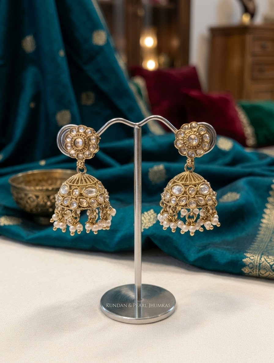 Clear - Petite Floral Kundan & Pearl Jhumka Earrings    - Bollywood - Weddings - 15JE72 09P26