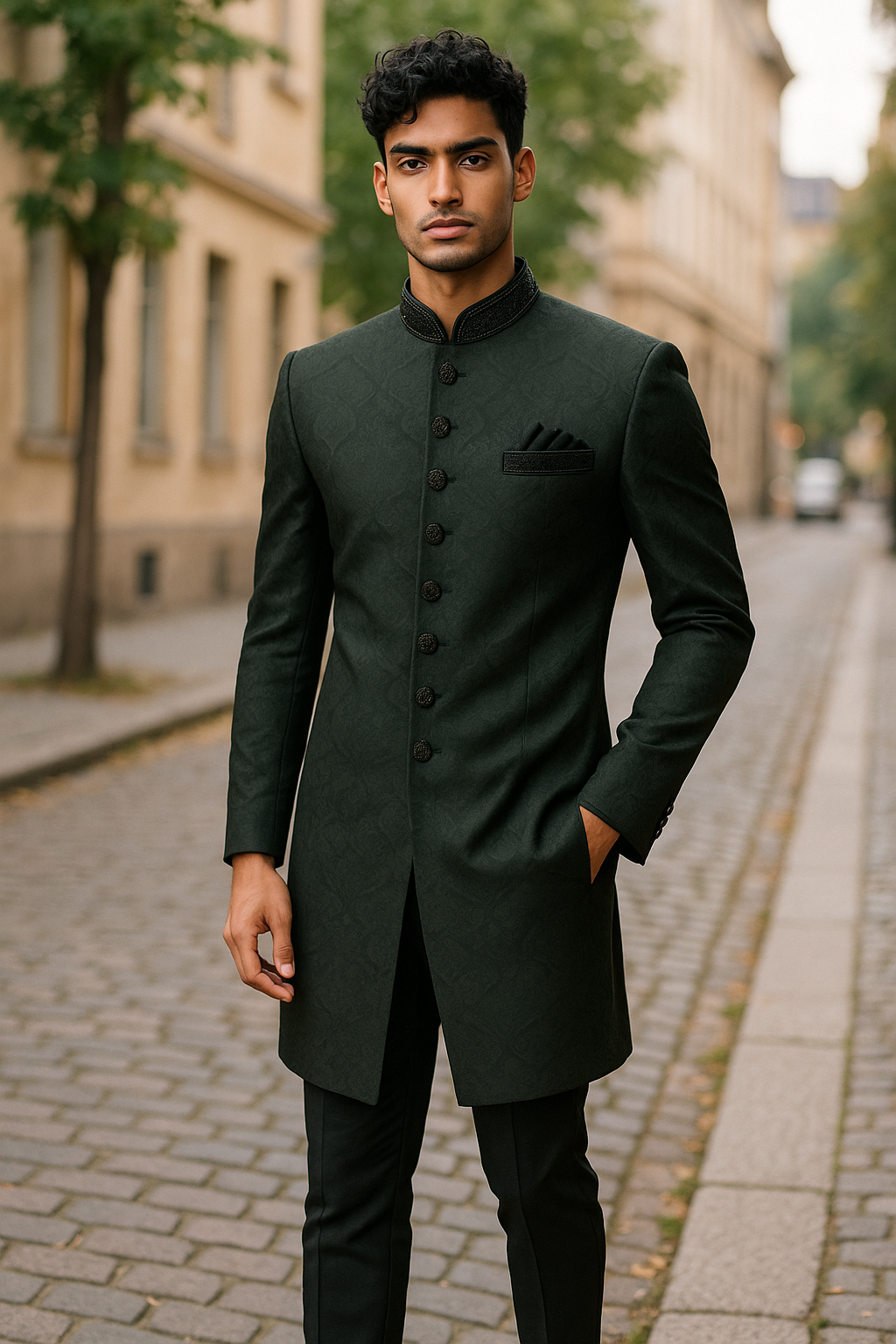 Bottle Green - Rich Banarasi Stone Work Sherwani with Black Embroidery - BS992 08RP25