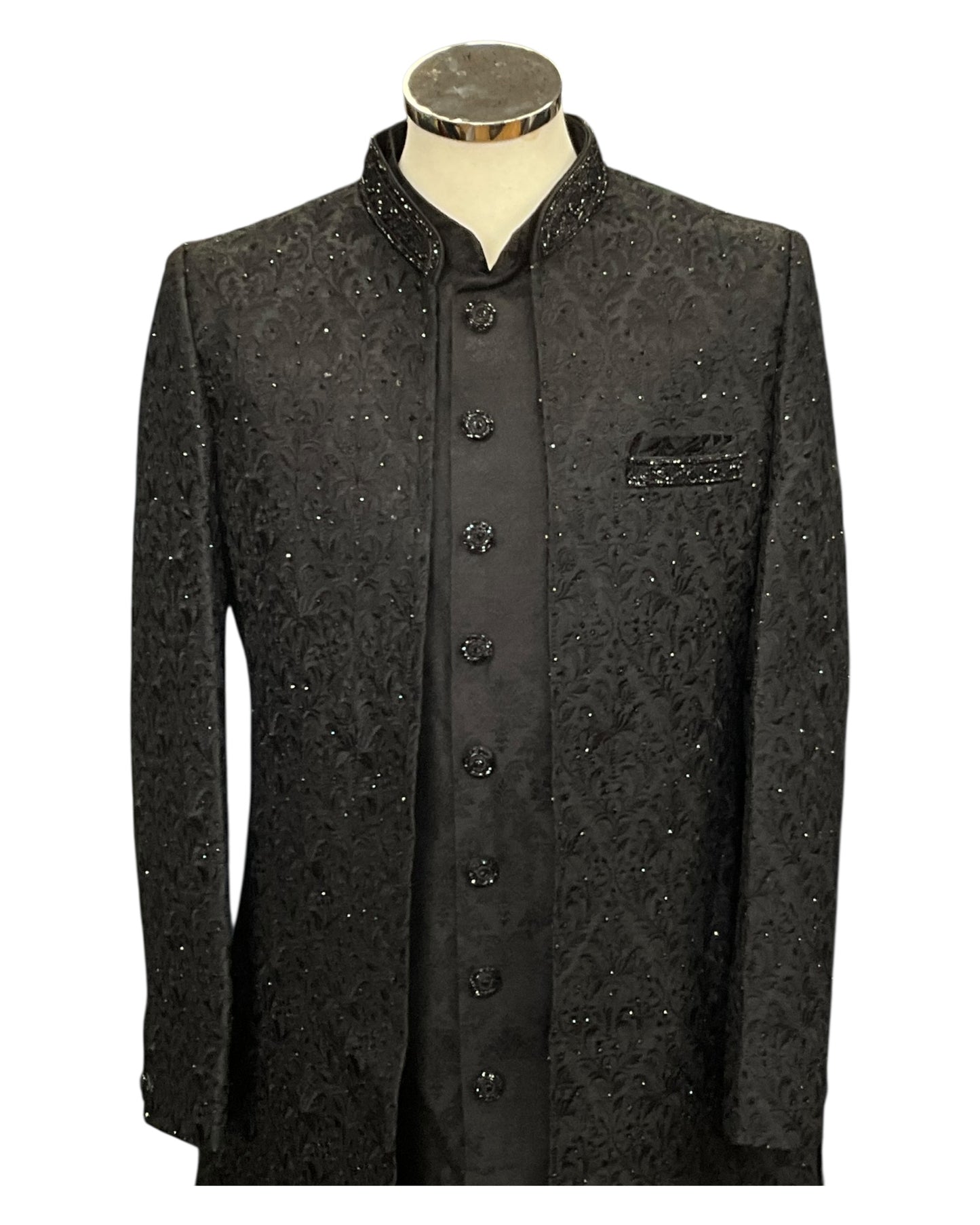 Size 40" - Black - Rich Banarasi Stone Work Double Layer Sherwani - UK Stock - BS1034 08KVY25