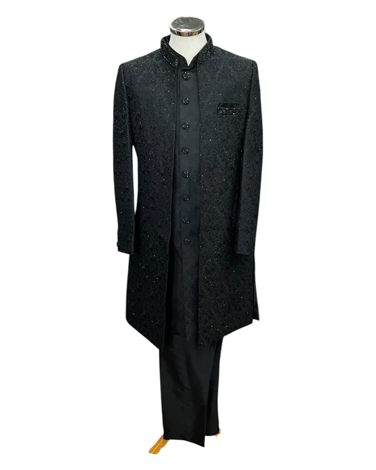 Size 40" - Black - Rich Banarasi Stone Work Double Layer Sherwani - UK Stock - BS1034 08KVY25
