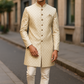 Cream - Classic Banarasi Handloom Gold Brocade Sherwani with Gold Buttons - UK Stock - BS789 08JC25