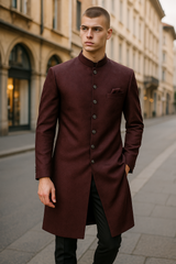 Dark Maroon / Wine - Classic Banarasi Handloom Brocade Sherwani with Gold Buttons -  BS788 08JC25