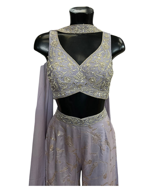 Pastel Lilac - Designer Ladies Short Top Palazzo Trousers Suit - Size 12 (38") - VMK Rohini RP