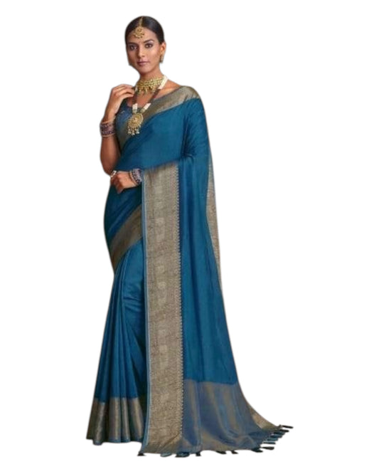 Blue - Handloom -  Banarasi Crepe Saree with Blouse Piece - JOHJAN47006 10VY25