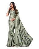 Light Green - Floral Printed - Satin Finish Saree with Blouse Piece - SUSFEL19001B 10KJ25