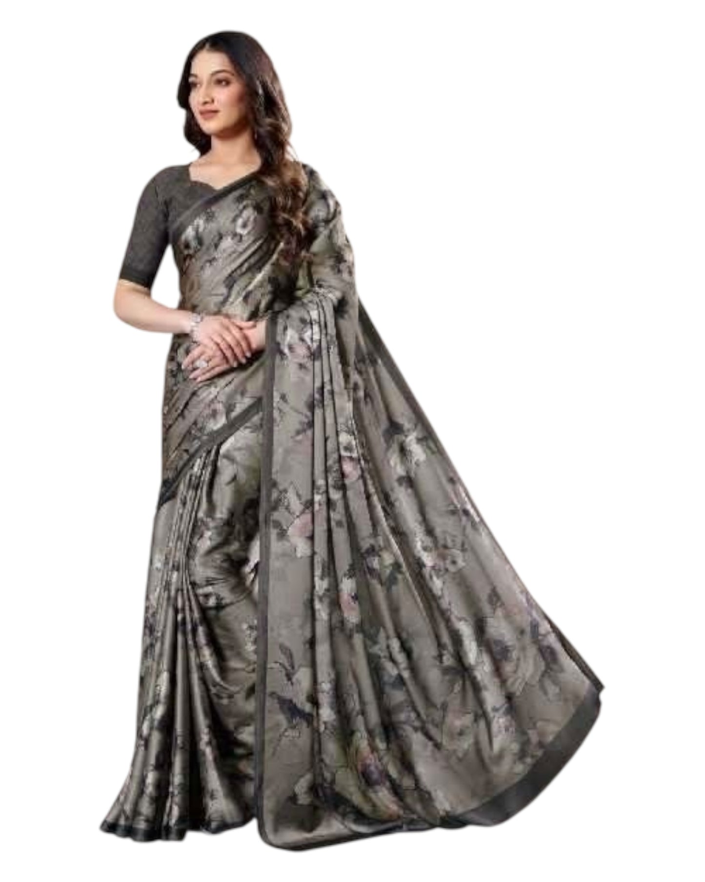 Dark Grey - Floral Printed - Satin Finish Saree with Blouse Piece - SUSFEL19001C 10KJ25