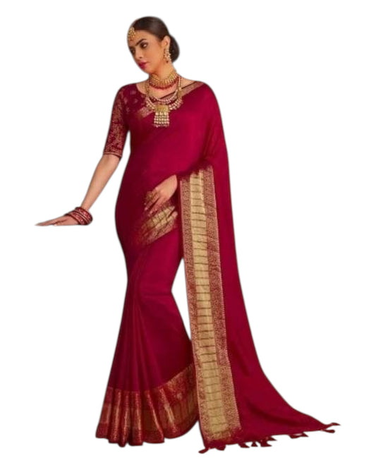 Magenta / Fuchsia - Handloom -  Banarasi Crepe Saree with Blouse Piece - JOHJAN47003 10VY25
