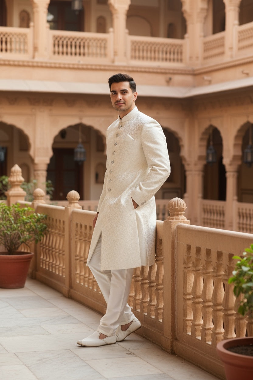 Off White /  Cream - Classic Self Brocade Sherwani with Fancy Buttons -  VNS-SHR16 10TA25