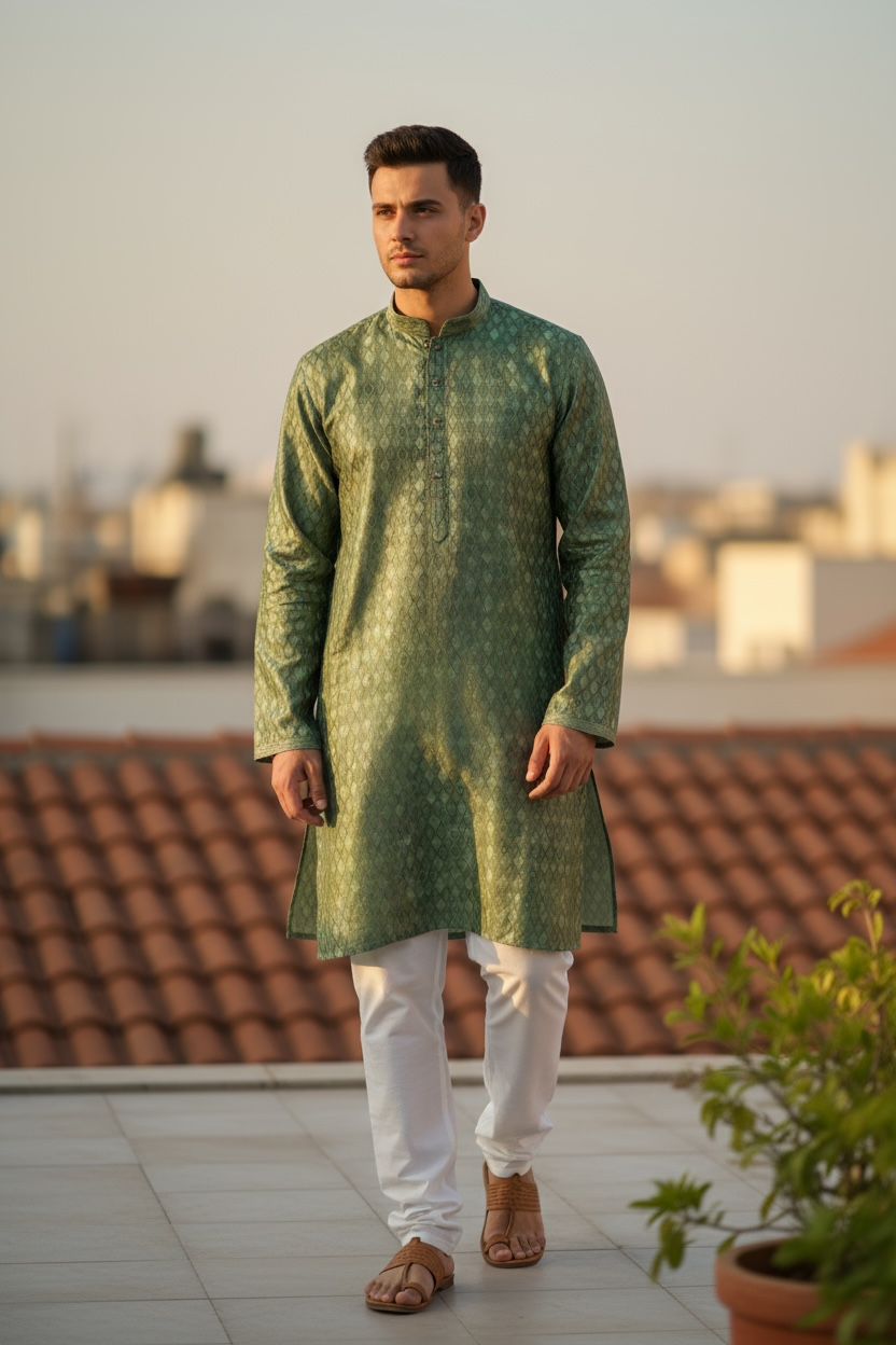 Green - Banarasi Handloom Brocade Mens Indian Kurta set with Trousers - UK Stock - Weddings / Walimas , Sangeet, Diwali, Eid, Mehndi / Henna - VEE2450 VR