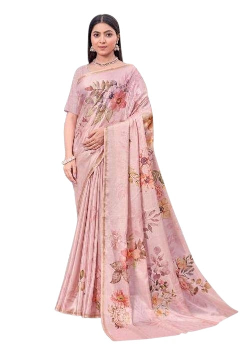 Baby Pink - Silky Floral Printed Saree with Blouse Piece - 10KV25 RCH40115