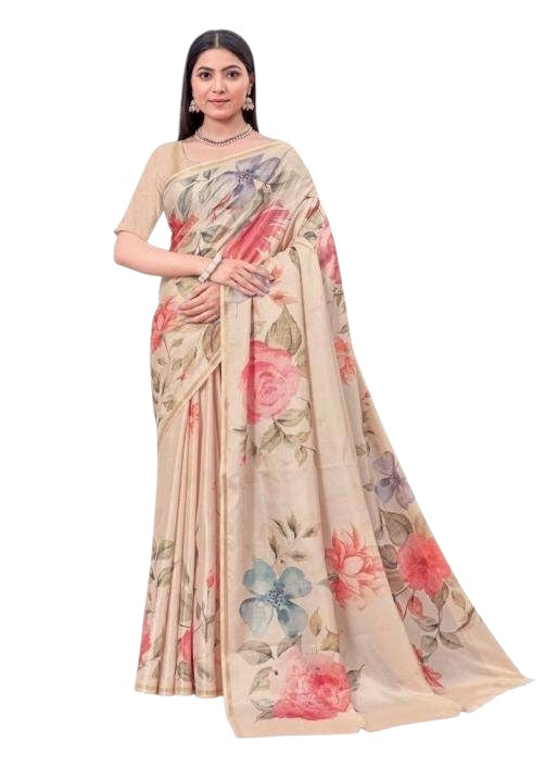 Beige - Silky Floral Printed Saree with Blouse Piece - 10KV25 RCH40117