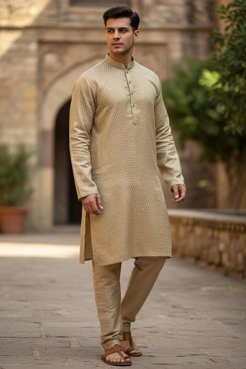Dark Gold - Rich Brocade Mens Indian Kurta set - UK Stock - Weddings / Walimas , Sangeet, Diwali, Eid, Mehndi / Henna - NAD25722 KA