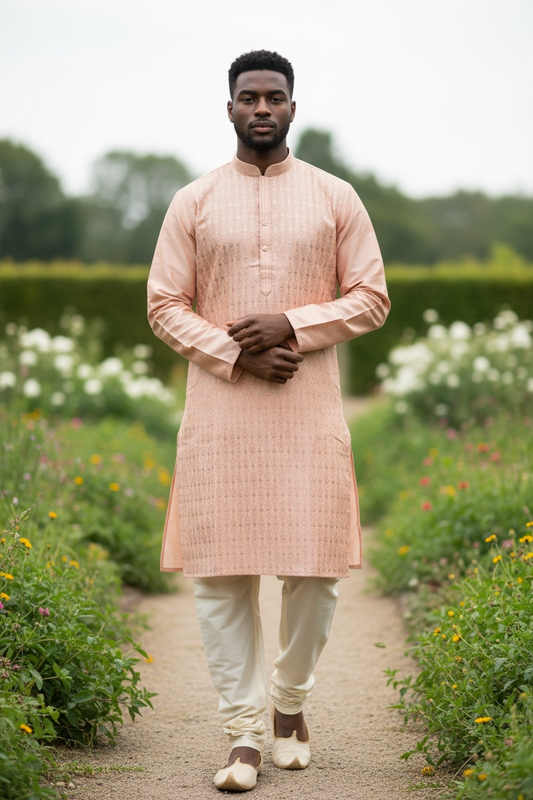 Pastel Peach - Rich Linen Mens Indian Kurta set - UK Stock - Weddings / Walimas , Sangeet, Diwali, Eid, Mehndi / Henna - NAD25719 KH
