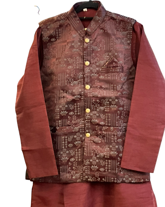 Maroon / Wine -  Mens Indian Kurta set with Brocade Waistcoat - UK Stock - Weddings / Walimas , Sangeet, Diwali, Eid, Mehndi / Henna - JSS2601 11KT26