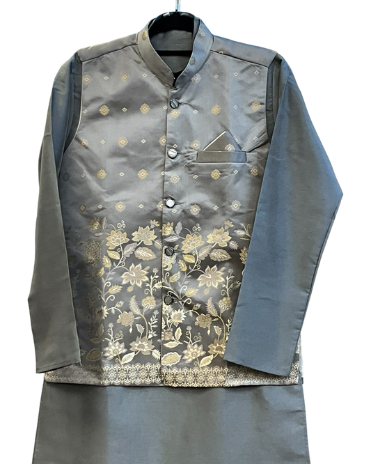 Steel Grey - Mens Indian Kurta set with Brocade Waistcoat - UK Stock - Weddings / Walimas , Sangeet, Diwali, Eid, Mehndi / Henna - JSS2605 11KT26