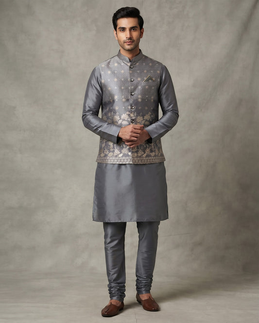 Steel Grey - Mens Indian Kurta set with Brocade Waistcoat - UK Stock - Weddings / Walimas , Sangeet, Diwali, Eid, Mehndi / Henna - JSS2605 11KT26
