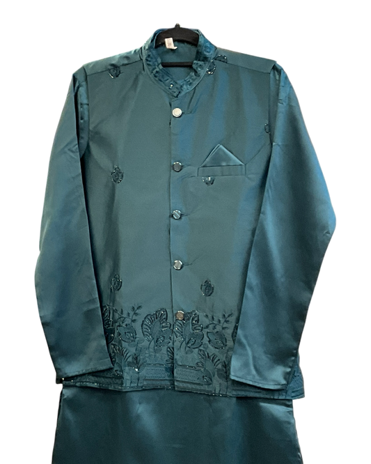 Teal / Jade Green - Mens Indian Kurta set with Emroidered Waistcoat - UK Stock - Weddings / Walimas , Sangeet, Diwali, Eid, Mehndi / Henna - JSS2606 11KT26