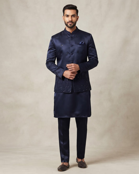 Navy Blue - Mens Indian Kurta set with Emroidered Waistcoat - UK Stock - Weddings / Walimas , Sangeet, Diwali, Eid, Mehndi / Henna - JSS2606 11KT26