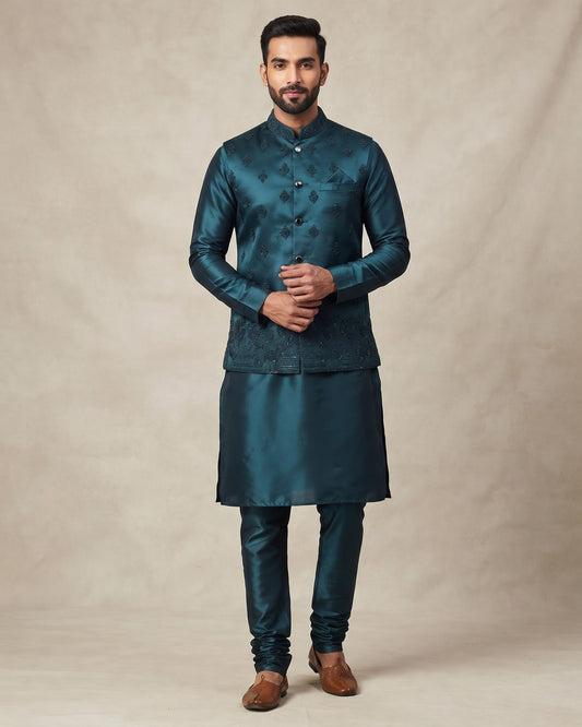 Teal / Jade Green - Mens Indian Kurta set with Emroidered Waistcoat - UK Stock - Weddings / Walimas , Sangeet, Diwali, Eid, Mehndi / Henna - JSS2606 11KT26