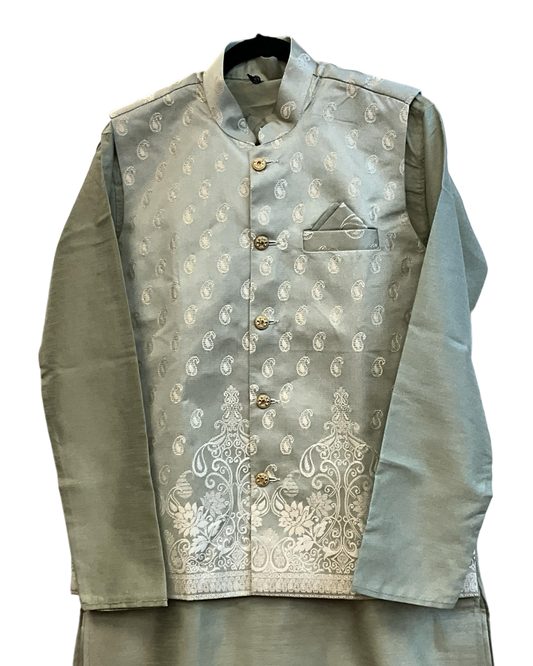 Pastel Sea Green - Mens Indian Kurta set with Brocade Waistcoat - UK Stock - Weddings / Walimas , Sangeet, Diwali, Eid, Mehndi / Henna - JSS2602 11KT26