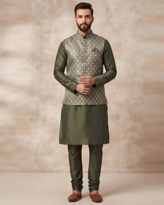 Dark Sea Green Green - Mens Indian Kurta set with Brocade Waistcoat - UK Stock - Weddings / Walimas , Sangeet, Diwali, Eid, Mehndi / Henna - JSS2604 11KT26