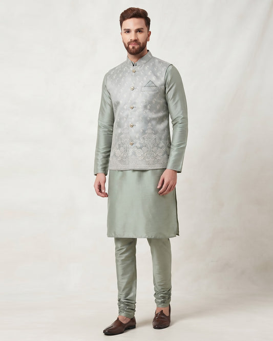 Pastel Sea Green - Mens Indian Kurta set with Brocade Waistcoat - UK Stock - Weddings / Walimas , Sangeet, Diwali, Eid, Mehndi / Henna - JSS2602 11KT26