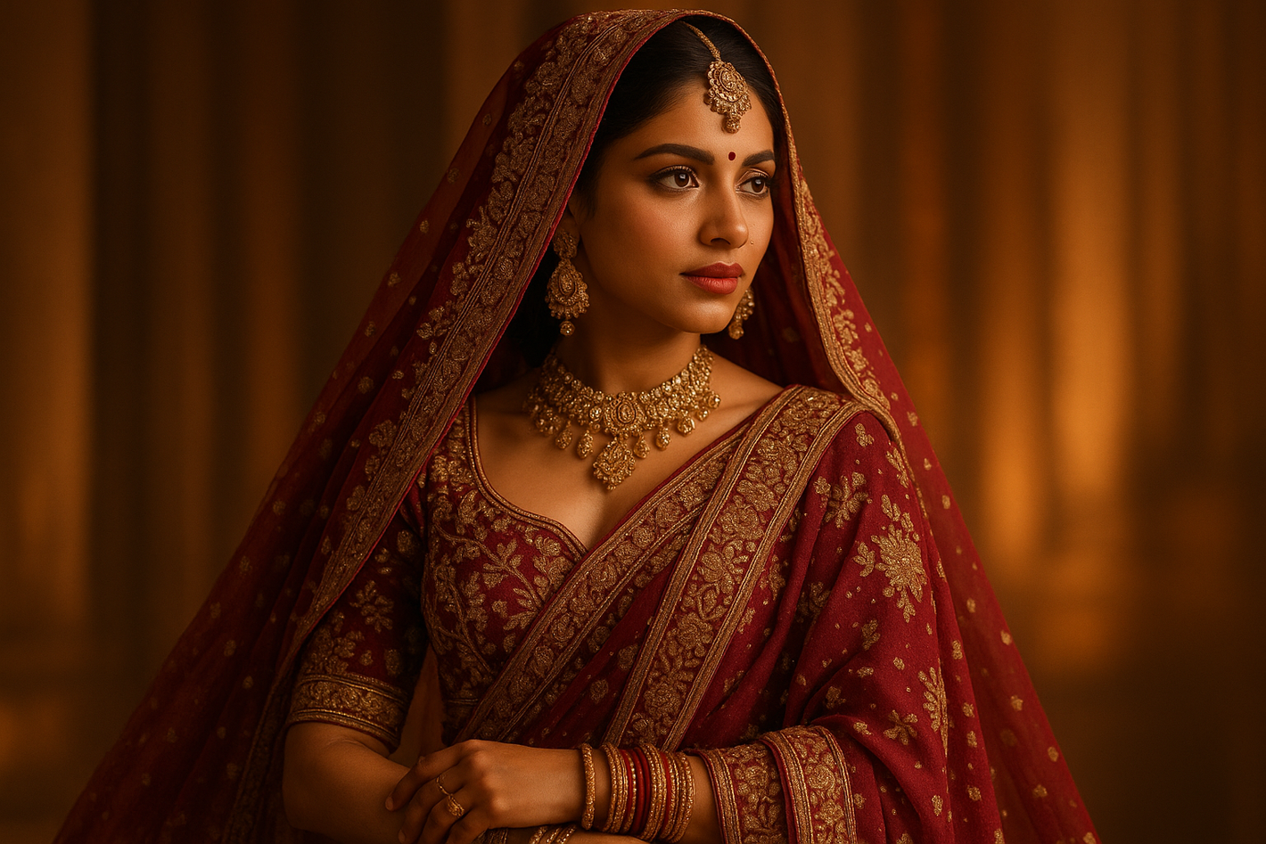A stunning Indian woman wearing a traditional bridal lehenga, richly embroidered with gold thread and sequins, paired with a matching dupatta draped elegantly over her shoulder. She wears ornate gold jewelry including bangles, earrings, and a maang tikka. The background is softly lit with warm tones, giving a festive, royal atmosphere. Photorealistic, high detail, cinematic lighting.
Size: 250×207 px