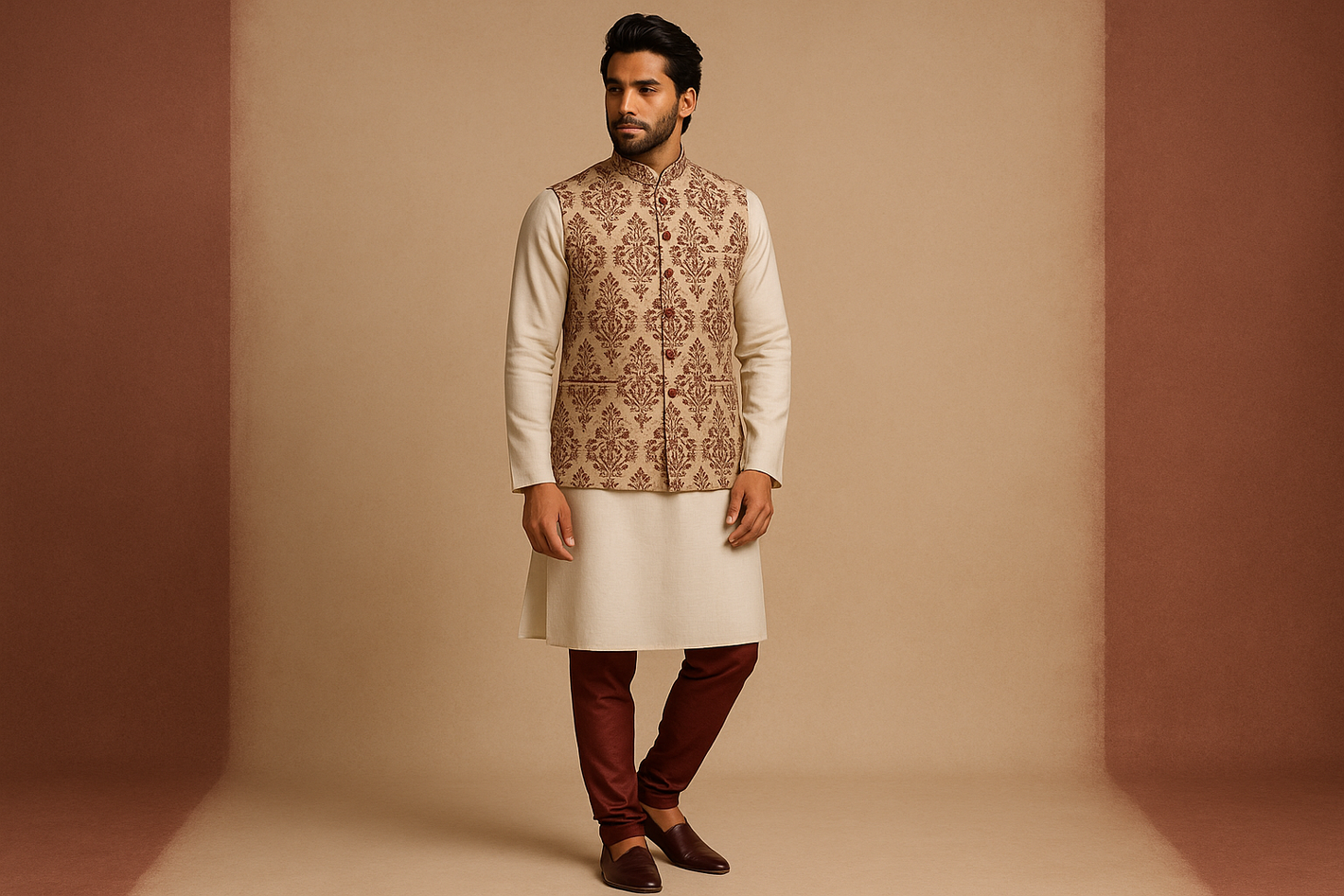 A stylish Indian man wearing a traditional kurta with a fitted waistcoat layered on top. The waistcoat is in beige with maroon embroidery, creating an elegant ethnic fashion look. Paired with churidar pants, studio photoshoot on a soft beige background with maroon accents, professional catalog style, full-body view, high resolution.