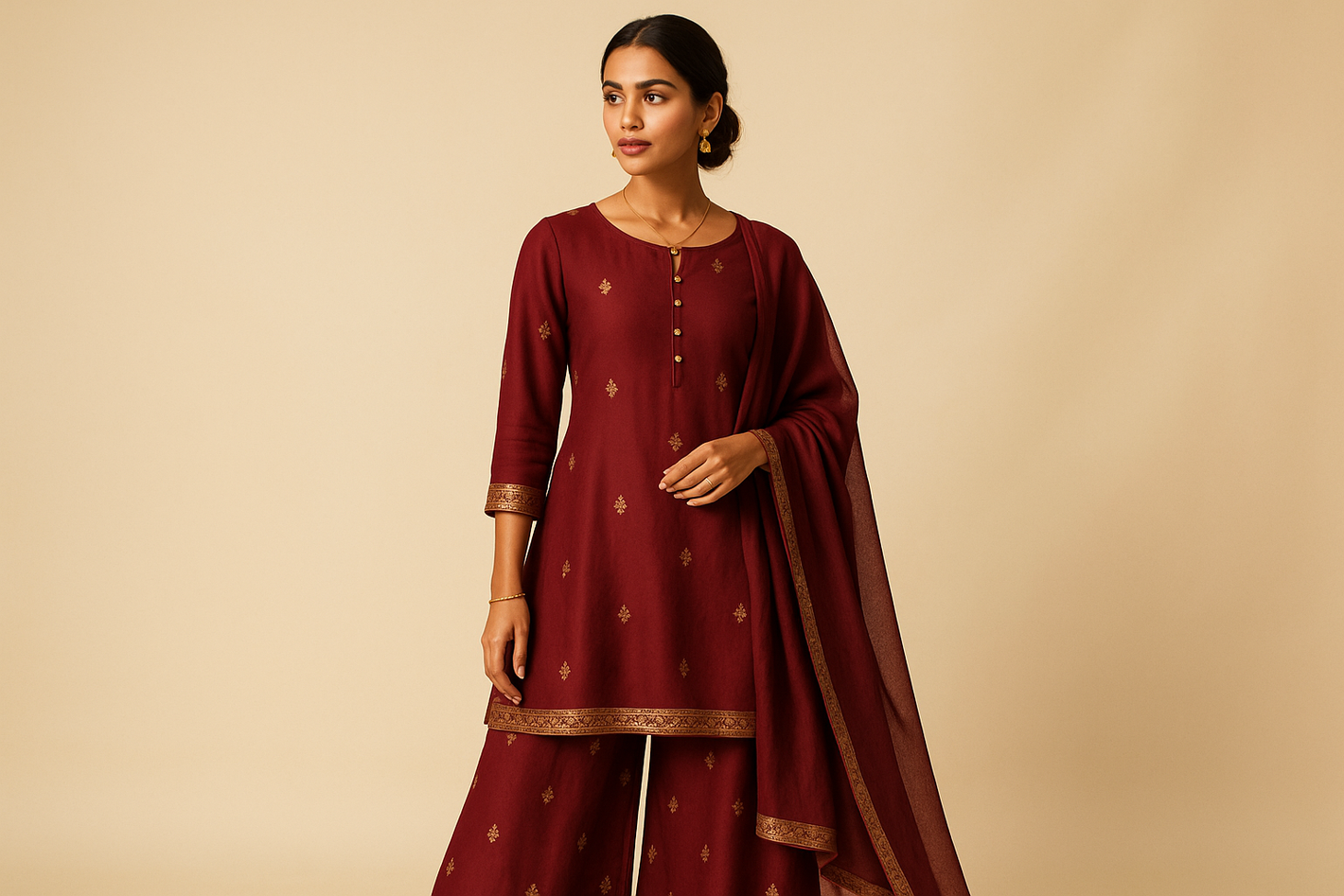 A stylish Indian woman wearing a flowy maroon palazzo suit with golden detailing, accessorized with subtle gold jewellery. She is standing gracefully against a soft cream background with warm lighting, giving a premium lookbook feel. Modern yet traditional, editorial photography style, no text.