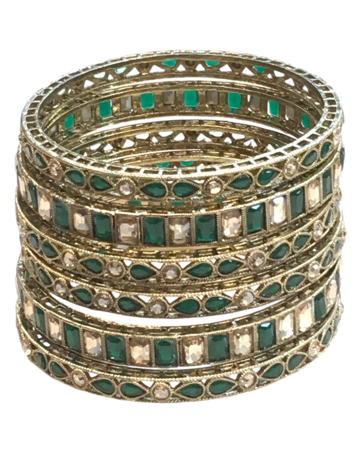 Antique Gold Finish GREEN Reverse Stone Bangles (Set of 6) - Mix N Match - SR219R - Prachy Creations
